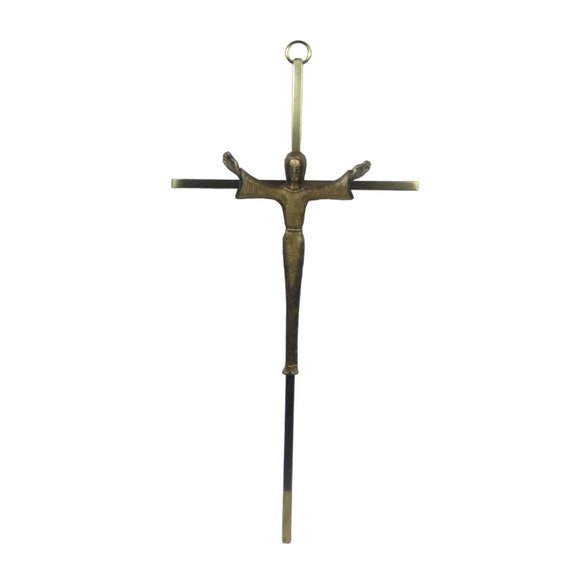 Vintage Bronze Metal Thin Crucifix Robed Jesus Wall Decor Hanging Brass 10 inch - Picture 1 of 14